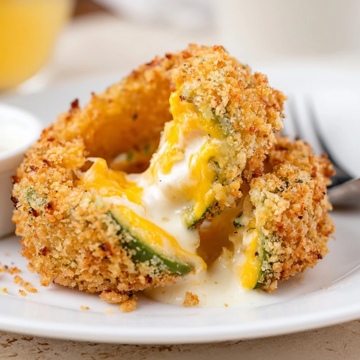 Stacked Crispy Jalapeño Popper Onion Rings beside chipotle mayo, steaming and crisp