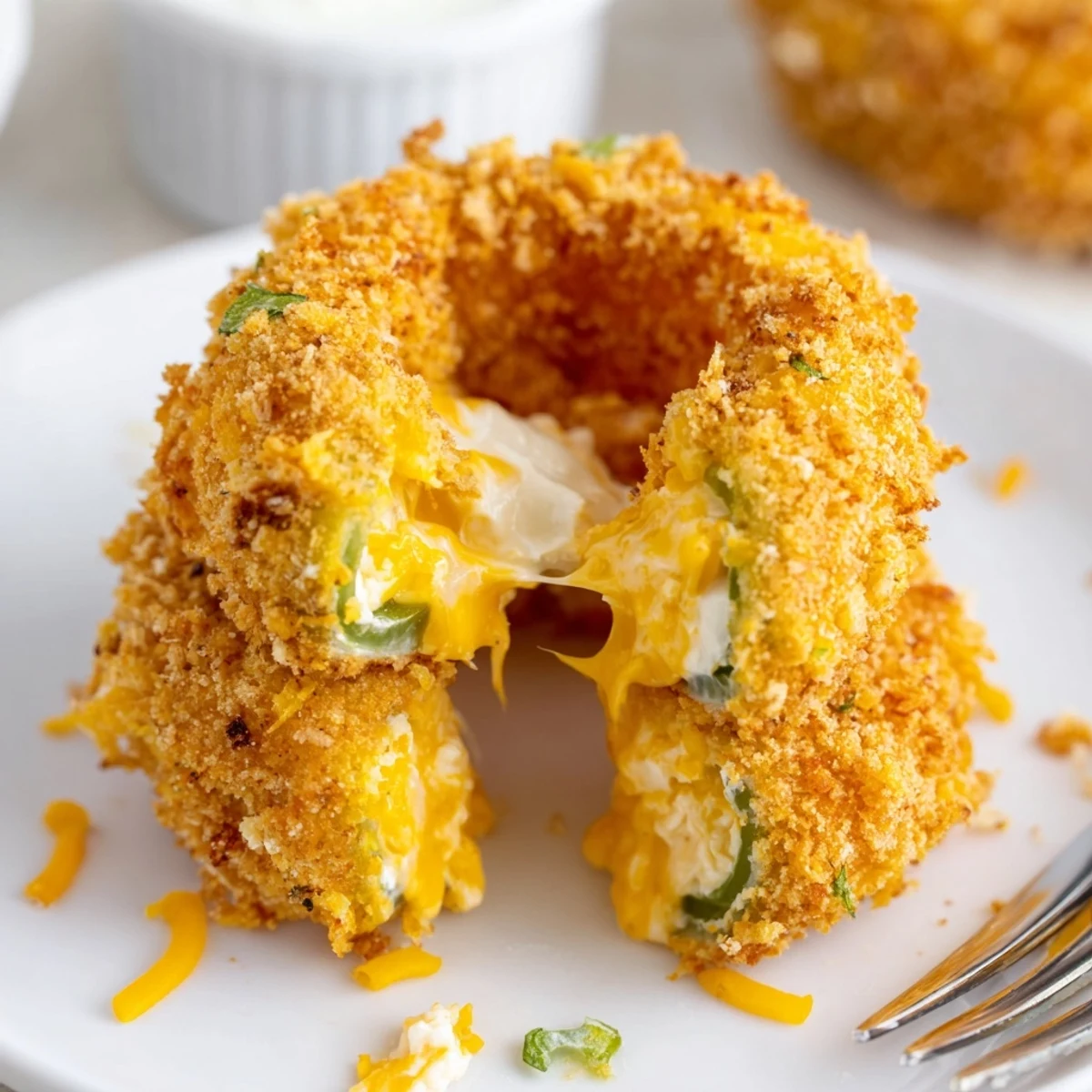 Plate of Crispy Jalapeño Popper Onion Rings, crunchy panko exterior, spicy center