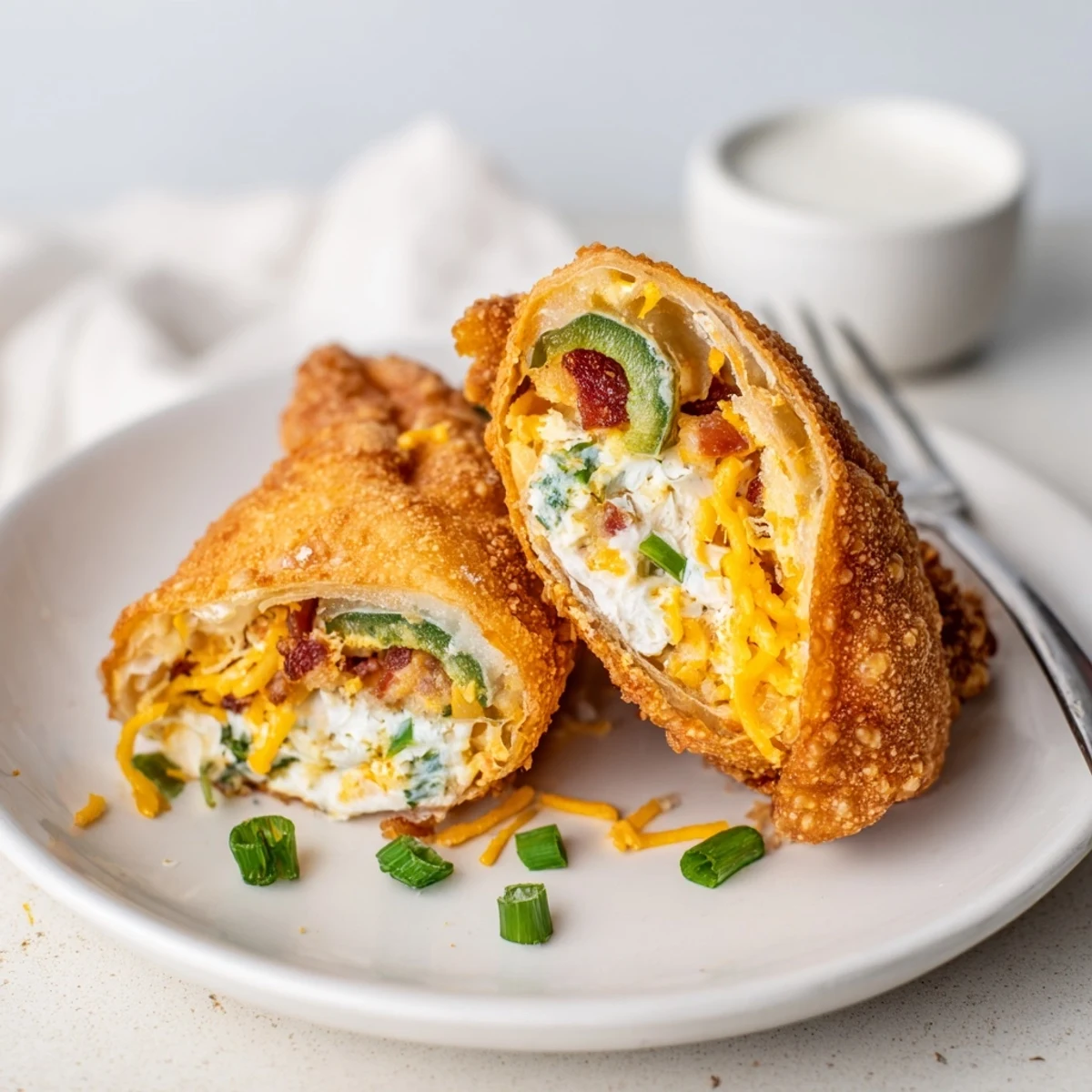 Crispy Jalapeno Popper Egg Rolls piled hot, golden shells with creamy filling