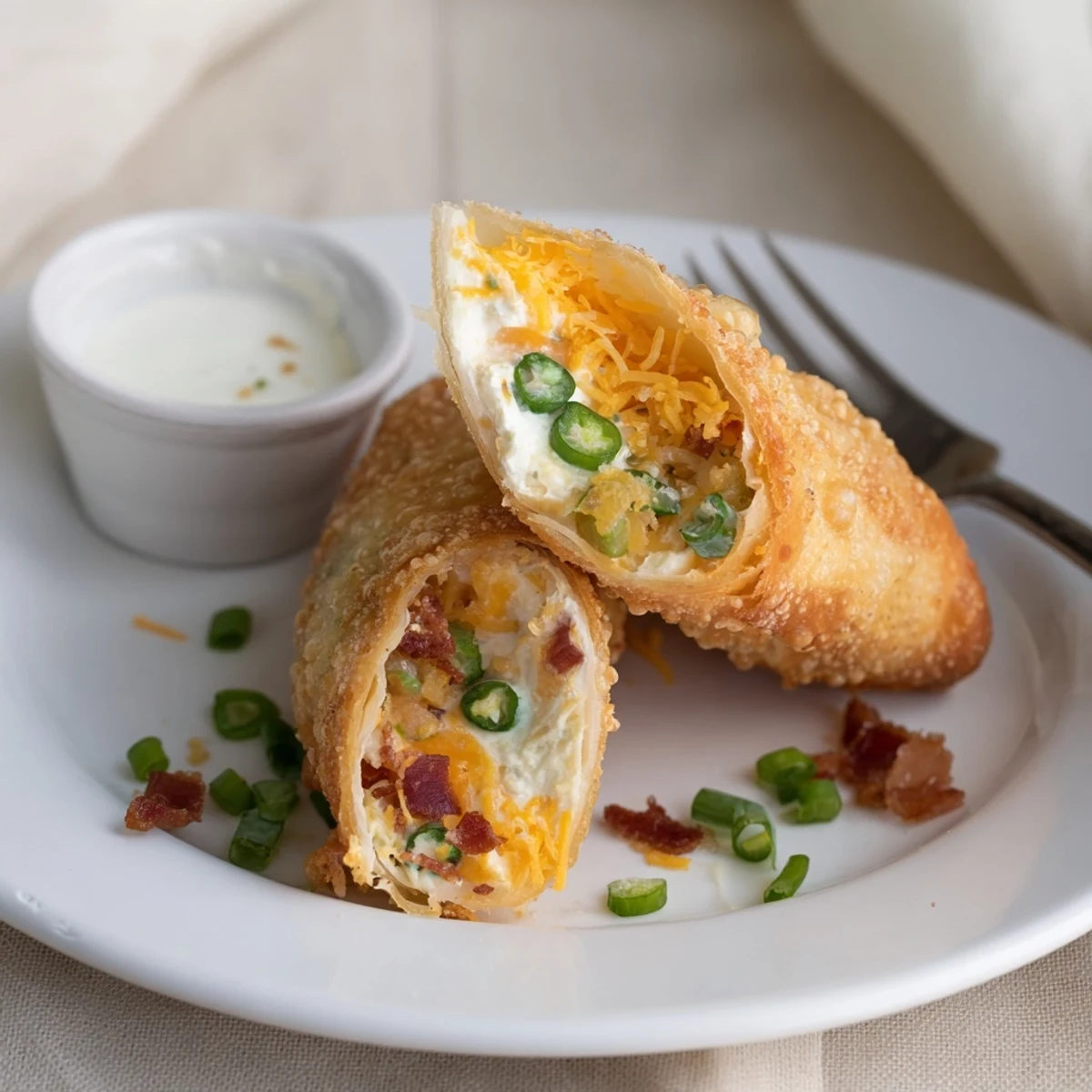 Sliced Crispy Jalapeno Popper Egg Rolls oozing cheddar, served with cool ranch
