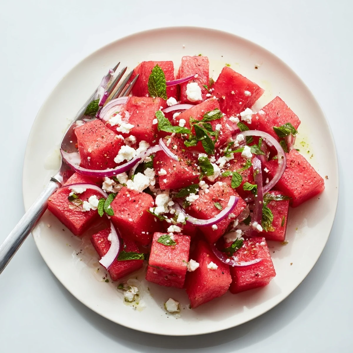 Watermelon Salad With Feta And Mint glistening cubes, salty crumbles, cooling finish.