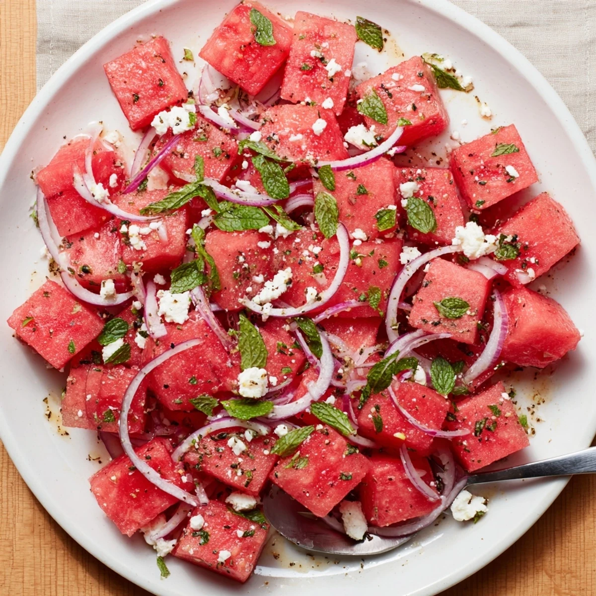 Chilled Watermelon Salad With Feta And Mint served on platter, perfect summer side.
