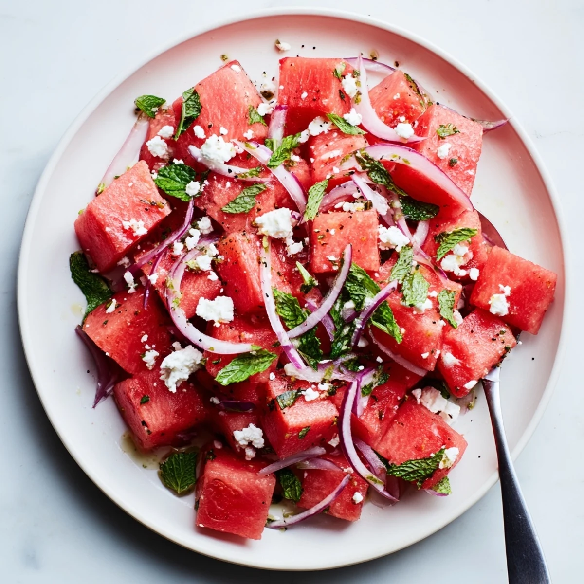 Bright Watermelon Salad With Feta And Mint tossed with lime and olive oil.