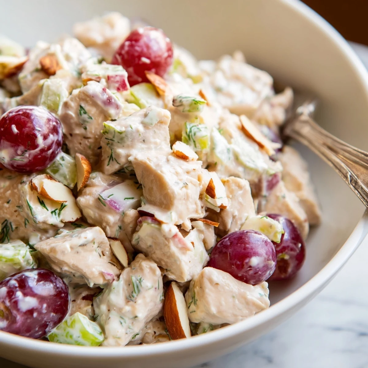Creamy, tangy Healthy Greek Yogurt Chicken Salad Recipe served over crisp greens