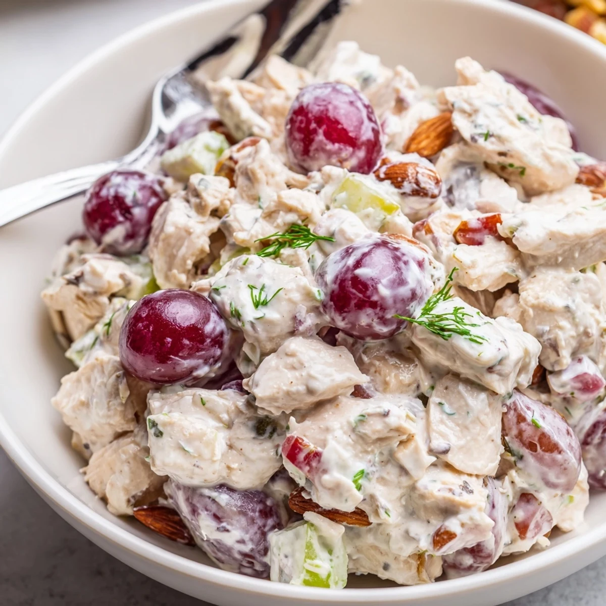 Make ahead Healthy Greek Yogurt Chicken Salad Recipe with crunchy celery and grapes