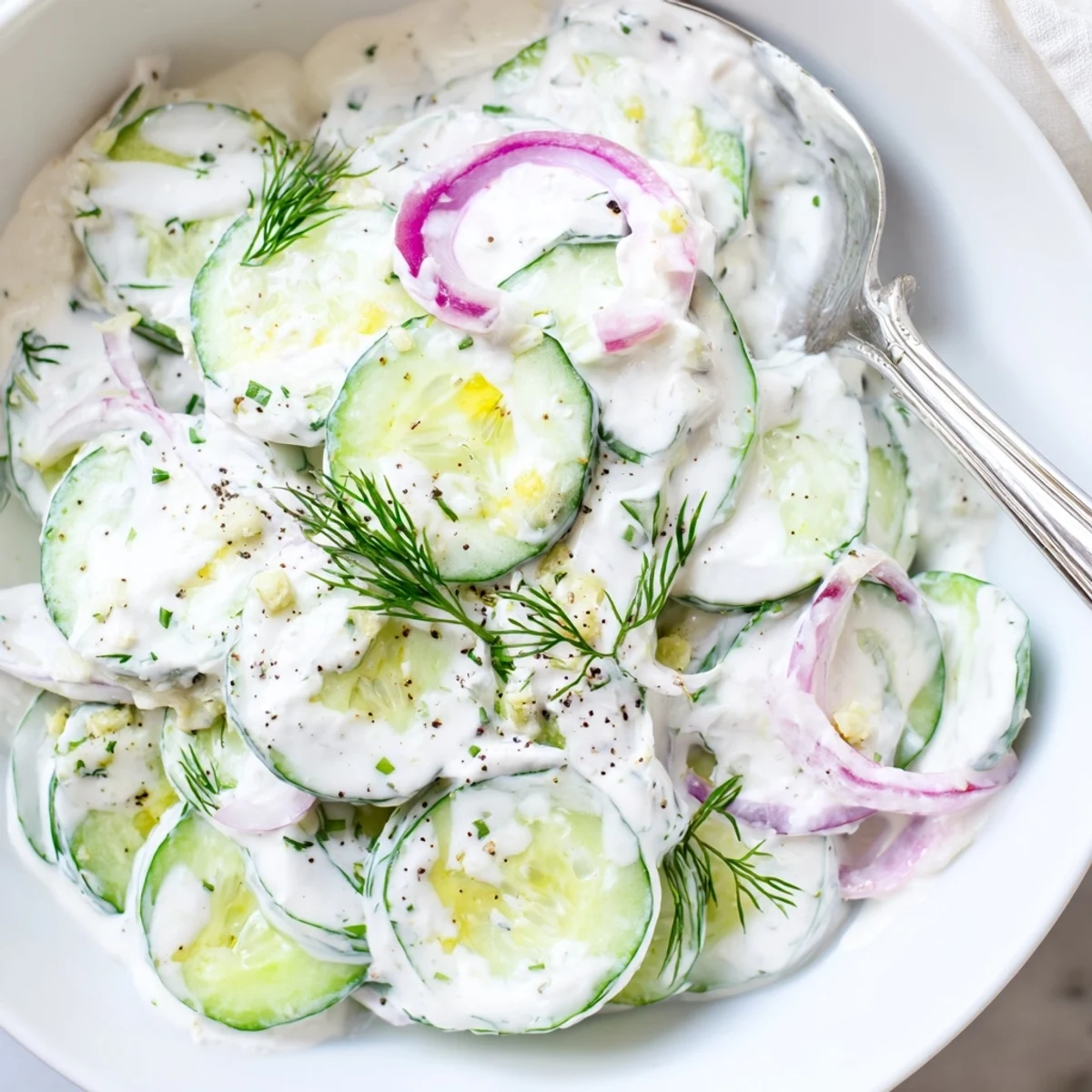 Greek Yogurt Cucumber Salad glistening with dill, creamy dressing over crisp cucumbers