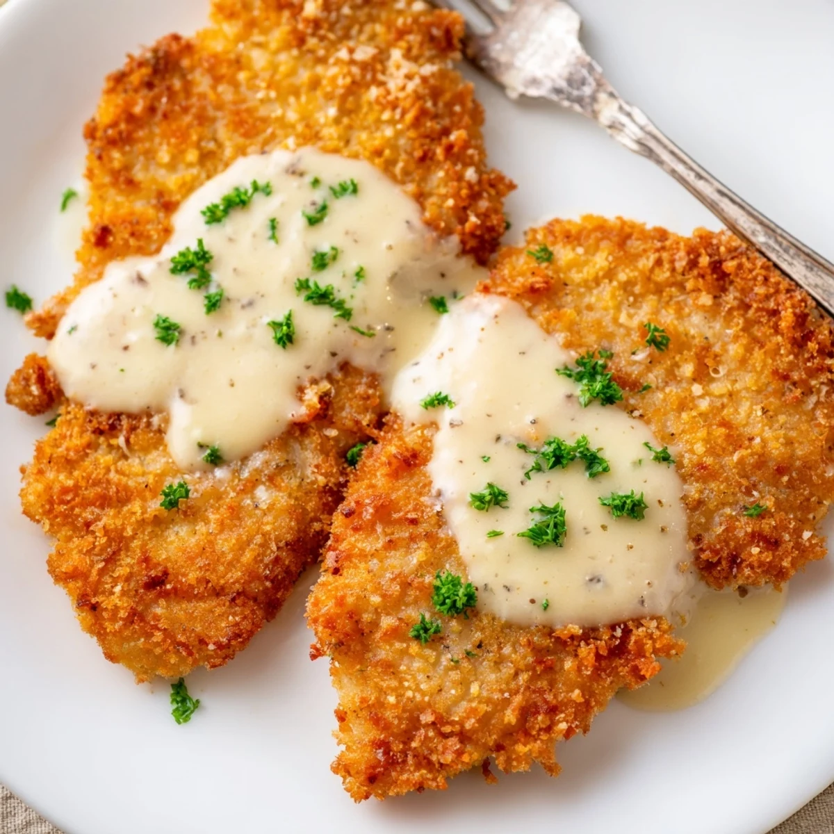 Golden-crusted Crispy Chicken Creamy Sauce Recipe topped with parsley, steaming.
