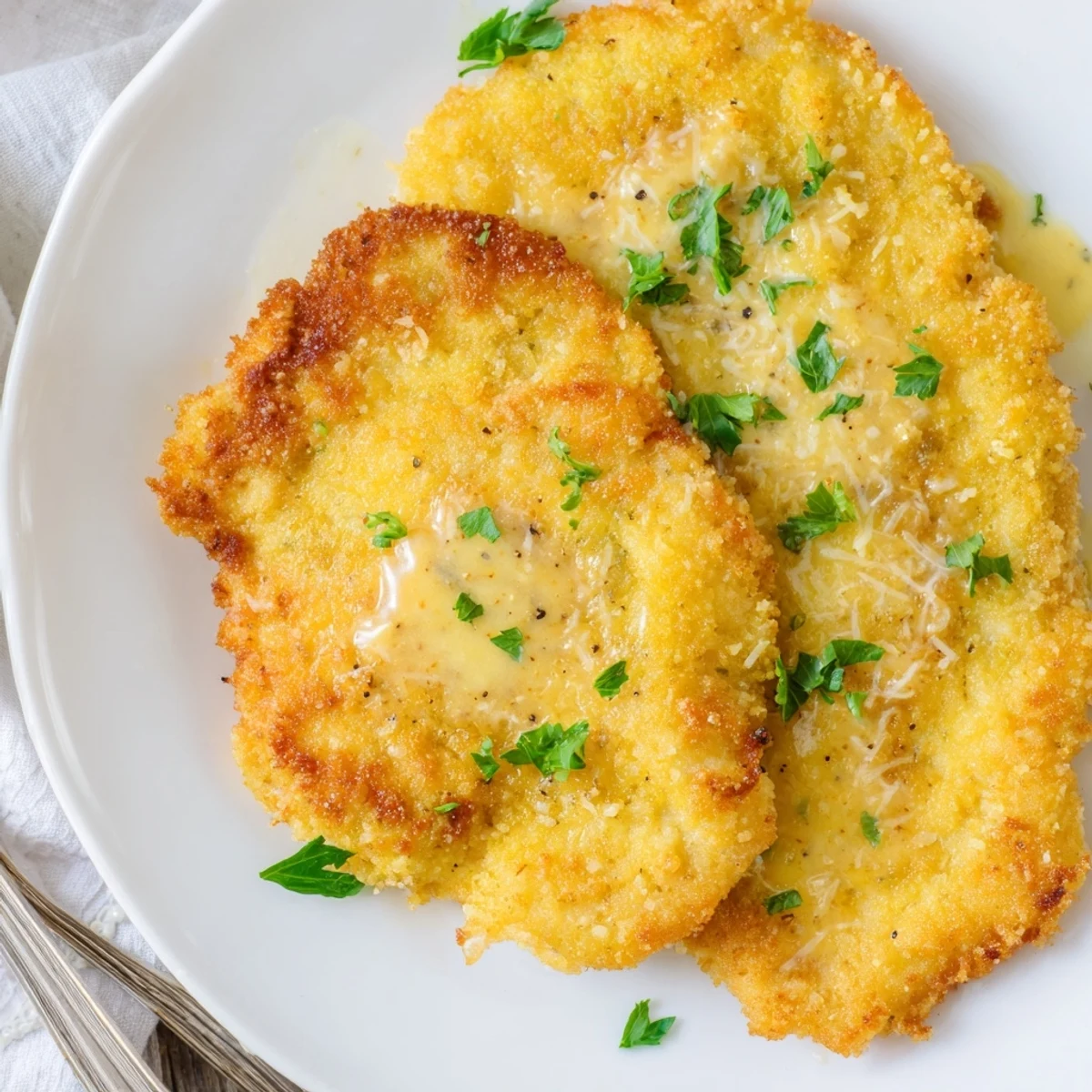 Pan-fried Crispy Chicken Creamy Sauce Recipe glistening in buttery garlic cream.