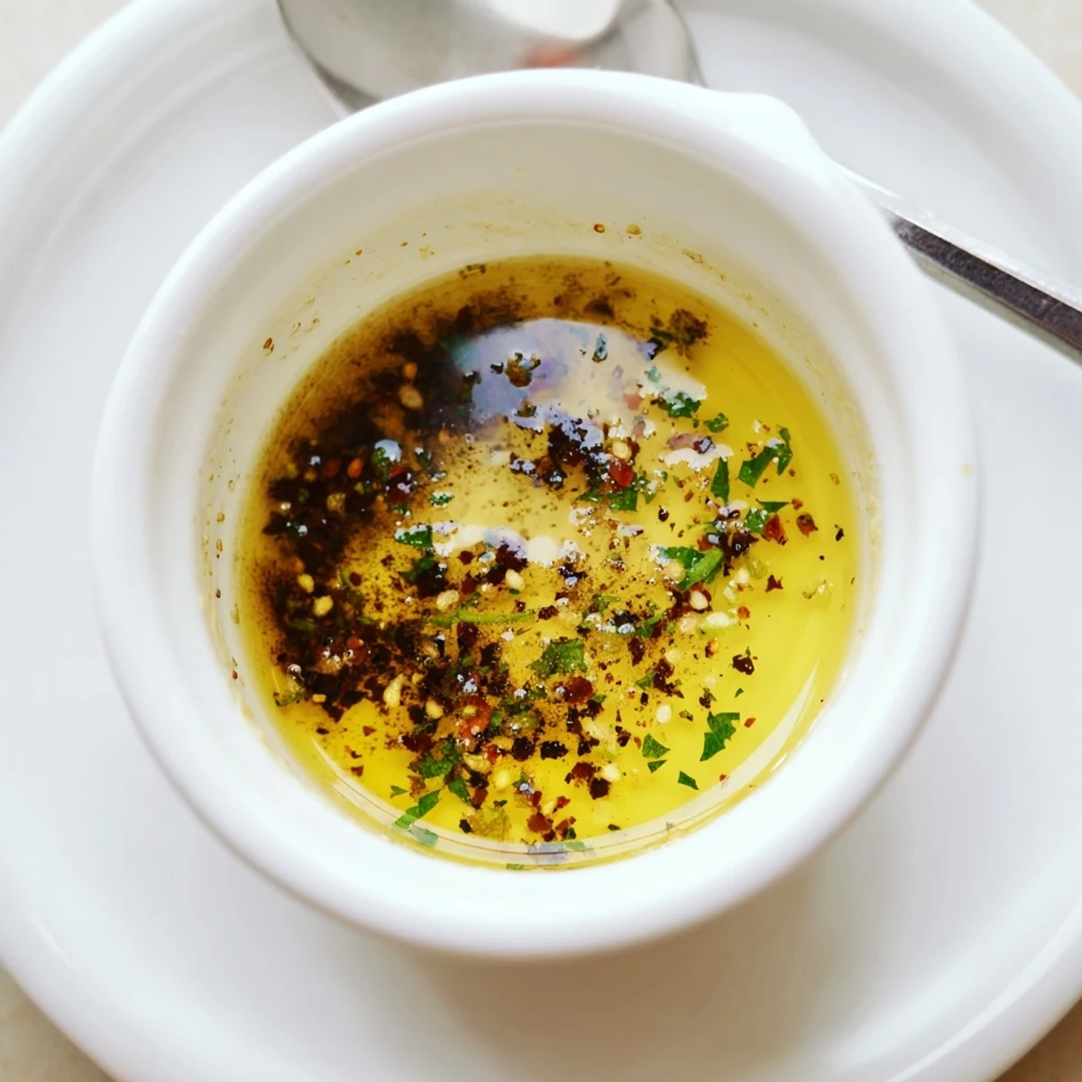 Bright tangy Vinaigrette glistening in bowl, whisk nearby, ready for greens