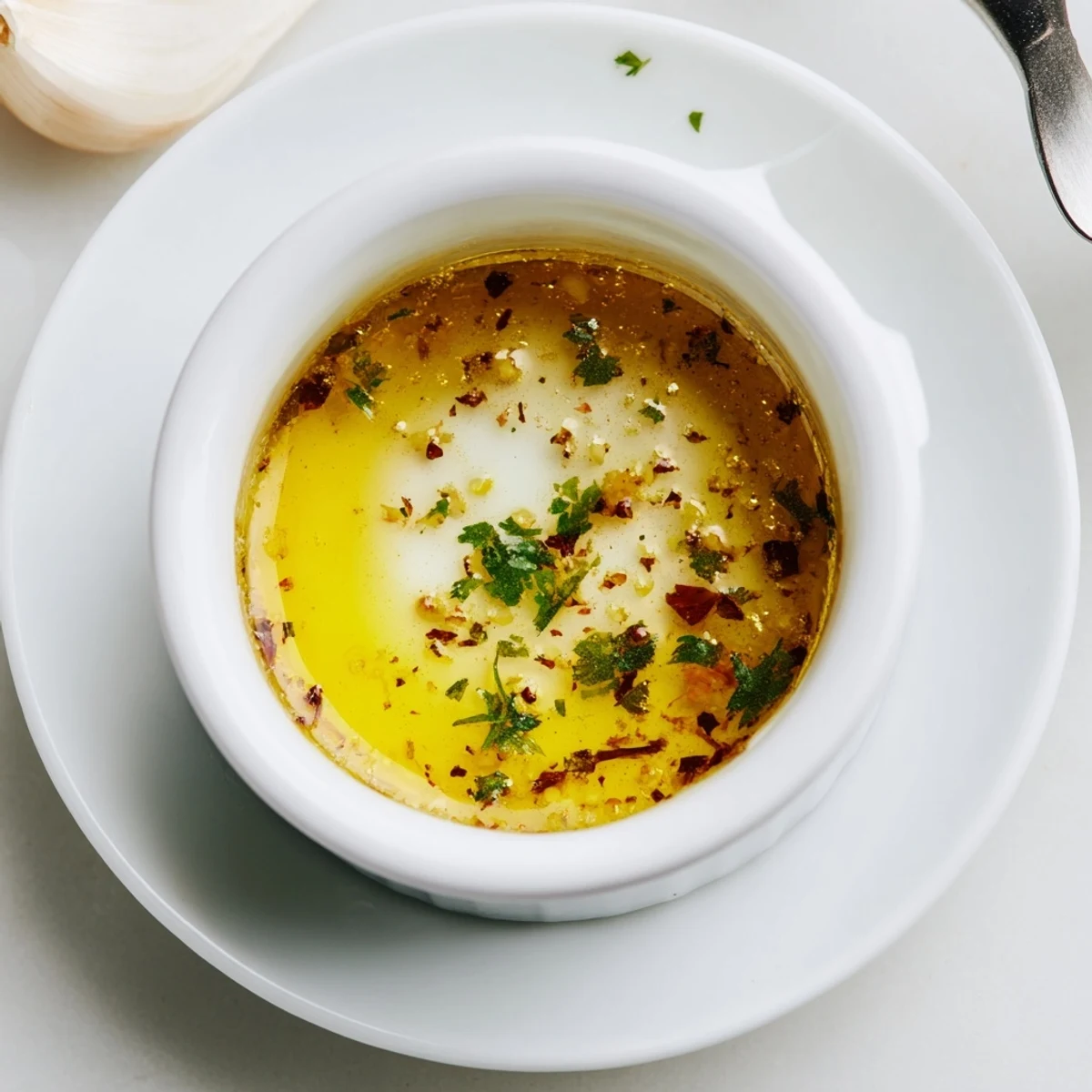 Homemade vinaigrette with Dijon and olive oil drizzled over crisp salad