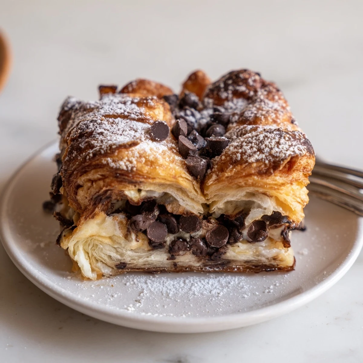 Buttery Chocolate Croissant Breakfast Bake with puddles of melted chocolate and crisp edges