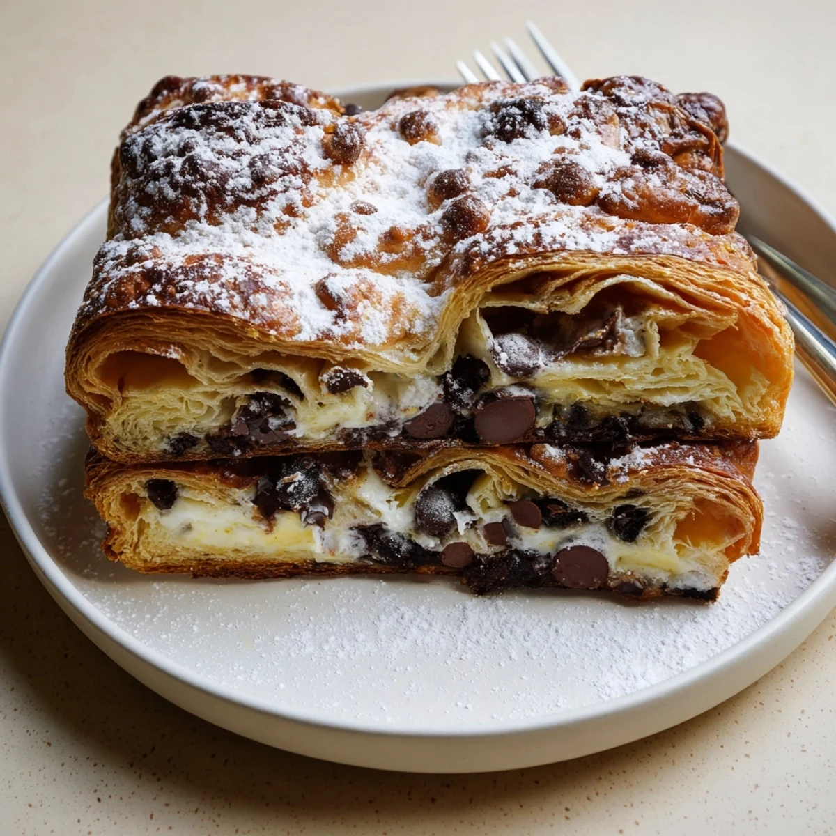 Oven warm Chocolate Croissant Breakfast Bake dusted with powdered sugar, ready to serve
