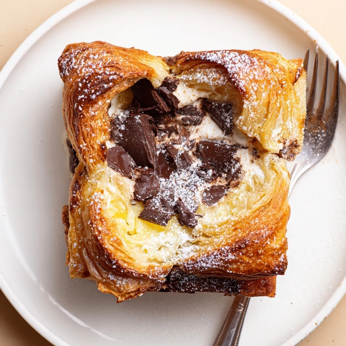 Chocolate Croissant Breakfast Bake plated for brunch, paired with fresh berries and cream
