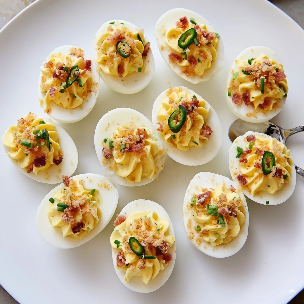 Jalapeno Popper Deviled Eggs Recipe: creamy filling with crisp bacon, chilled appetizer