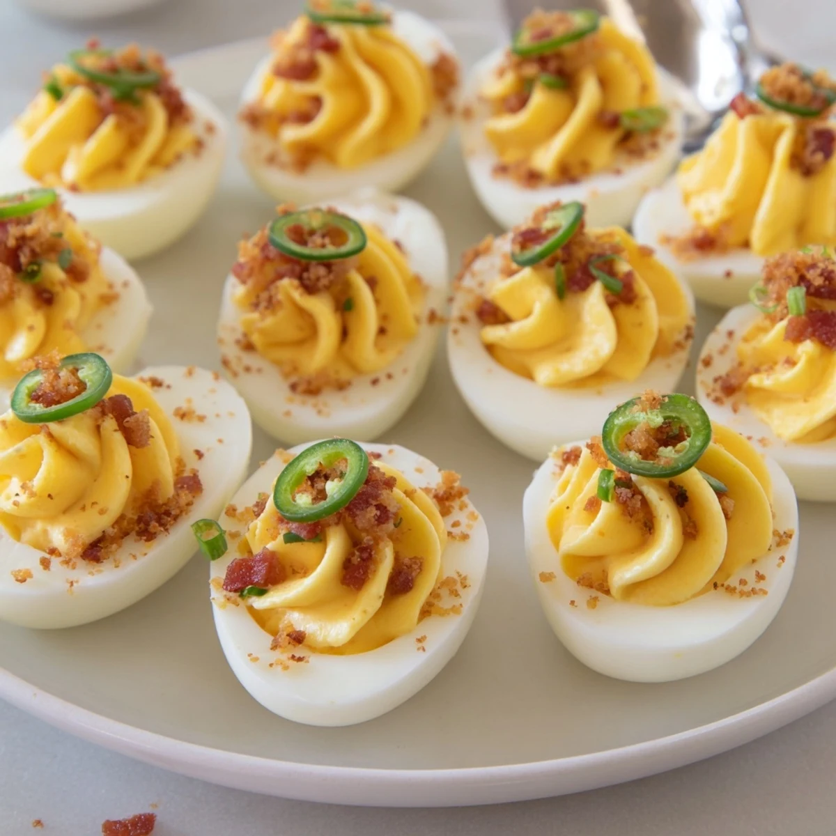 A party ready Jalapeno Popper Deviled Eggs Recipe garnished with toasted panko