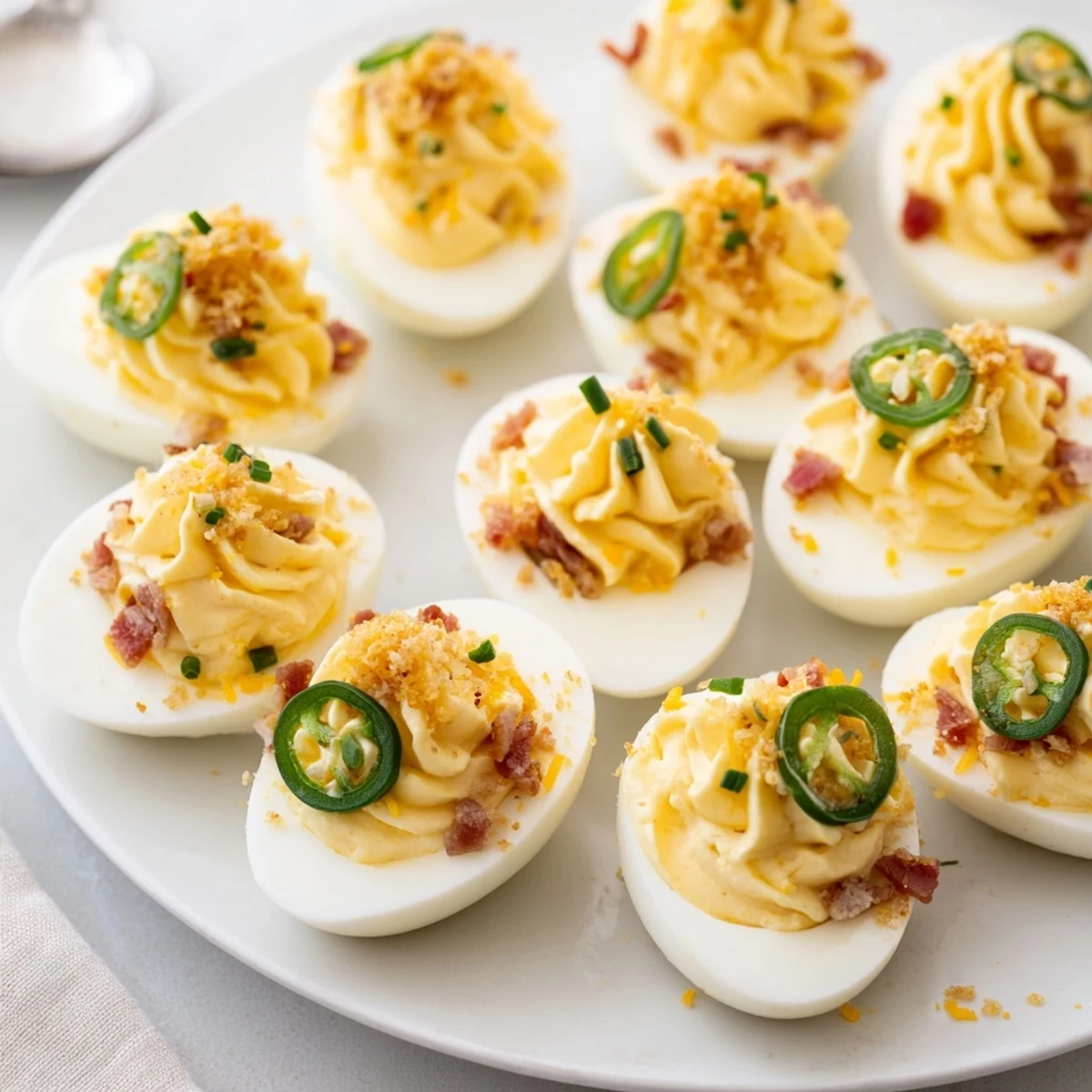 Spicy, tangy Jalapeno Popper Deviled Eggs Recipe piped into halved egg whites