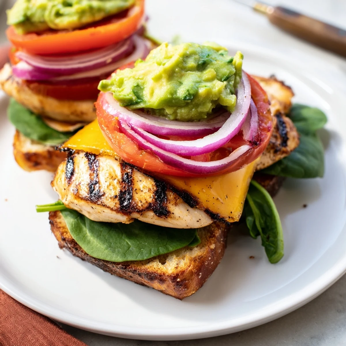 Grilled Chicken Avocado Sandwich Recipe plated warm on toasted roll with melted cheese