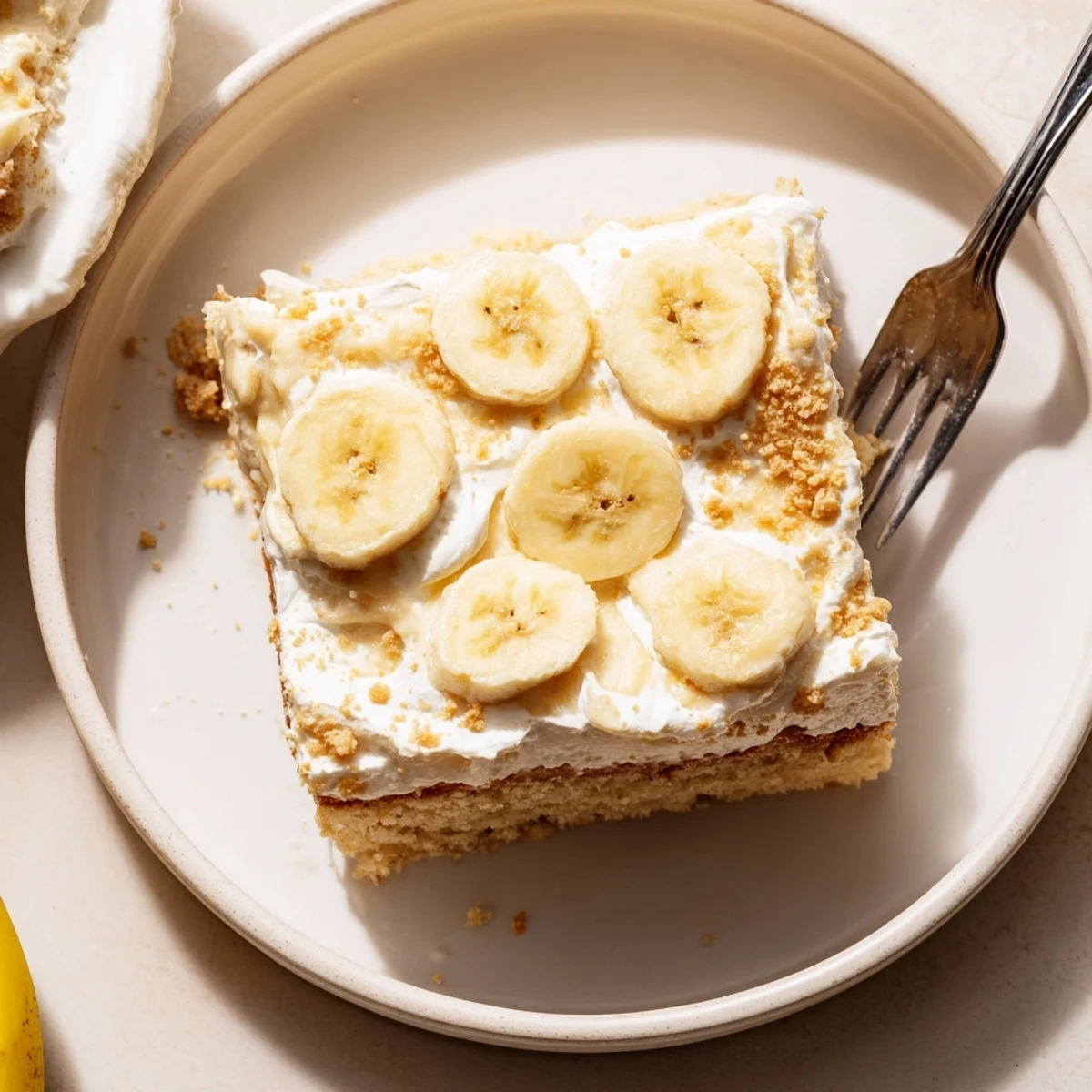 Homestyle Banana Pudding Cake Recipe served slices on plate, vanilla aroma and softness