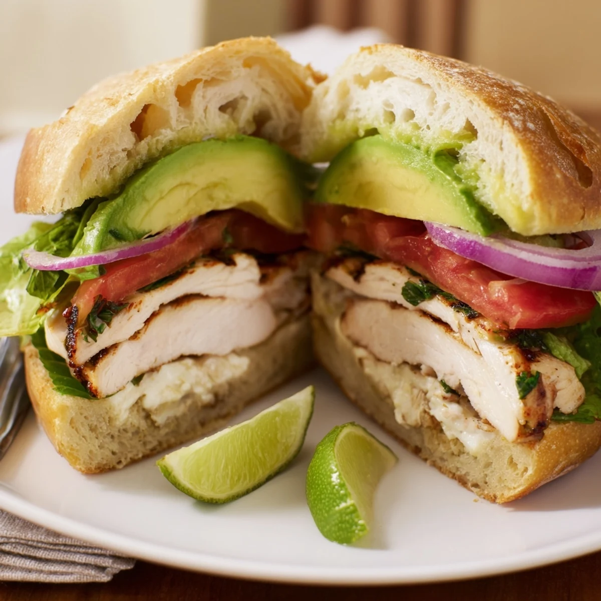 Toasted bun holds Chipotle Grilled Chicken With Avocado Sandwich Recipe, zesty lime mayo dripping