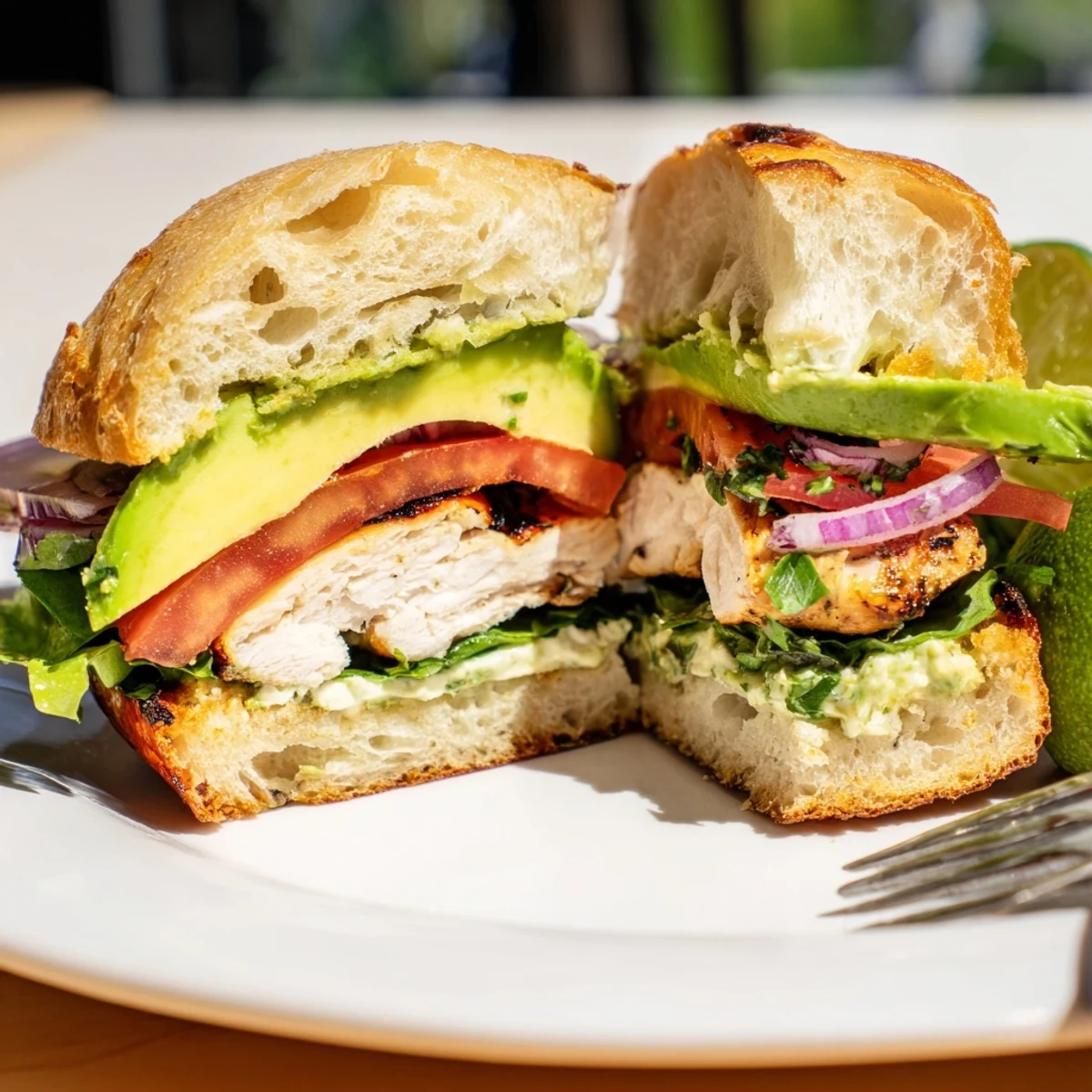 Chipotle Grilled Chicken With Avocado Sandwich Recipe with charred grill marks and creamy avocado