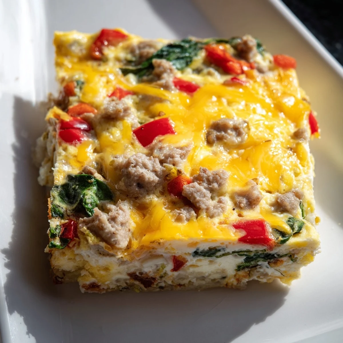 Golden high protein egg casserole with melted cheese, colorful peppers, and spinach.