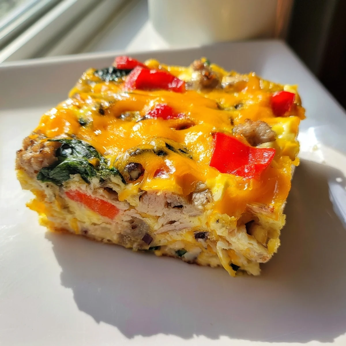 Baked high protein egg casserole served warm in generous squares for brunch.
