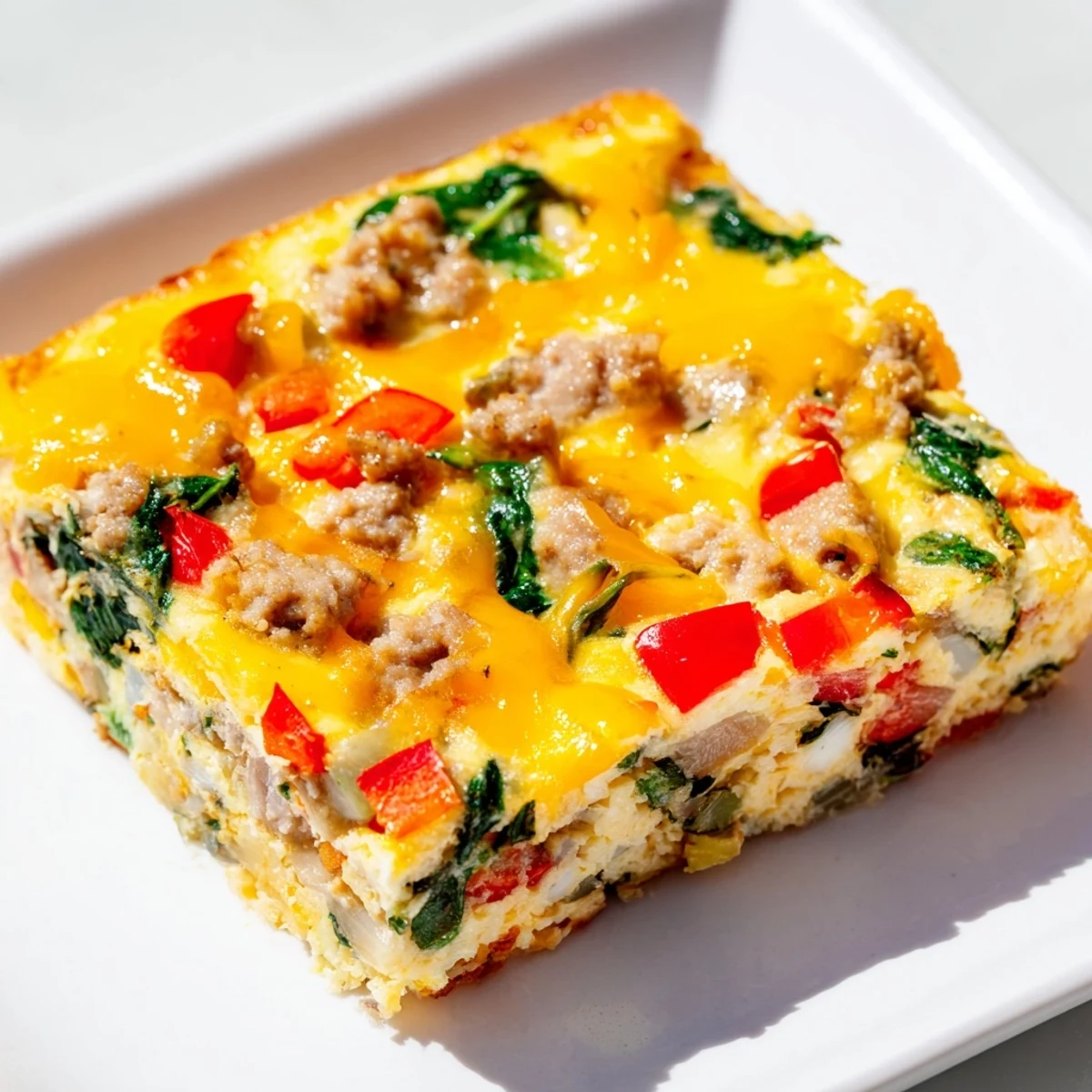 Savory high protein egg casserole featuring turkey sausage and fresh diced vegetables.