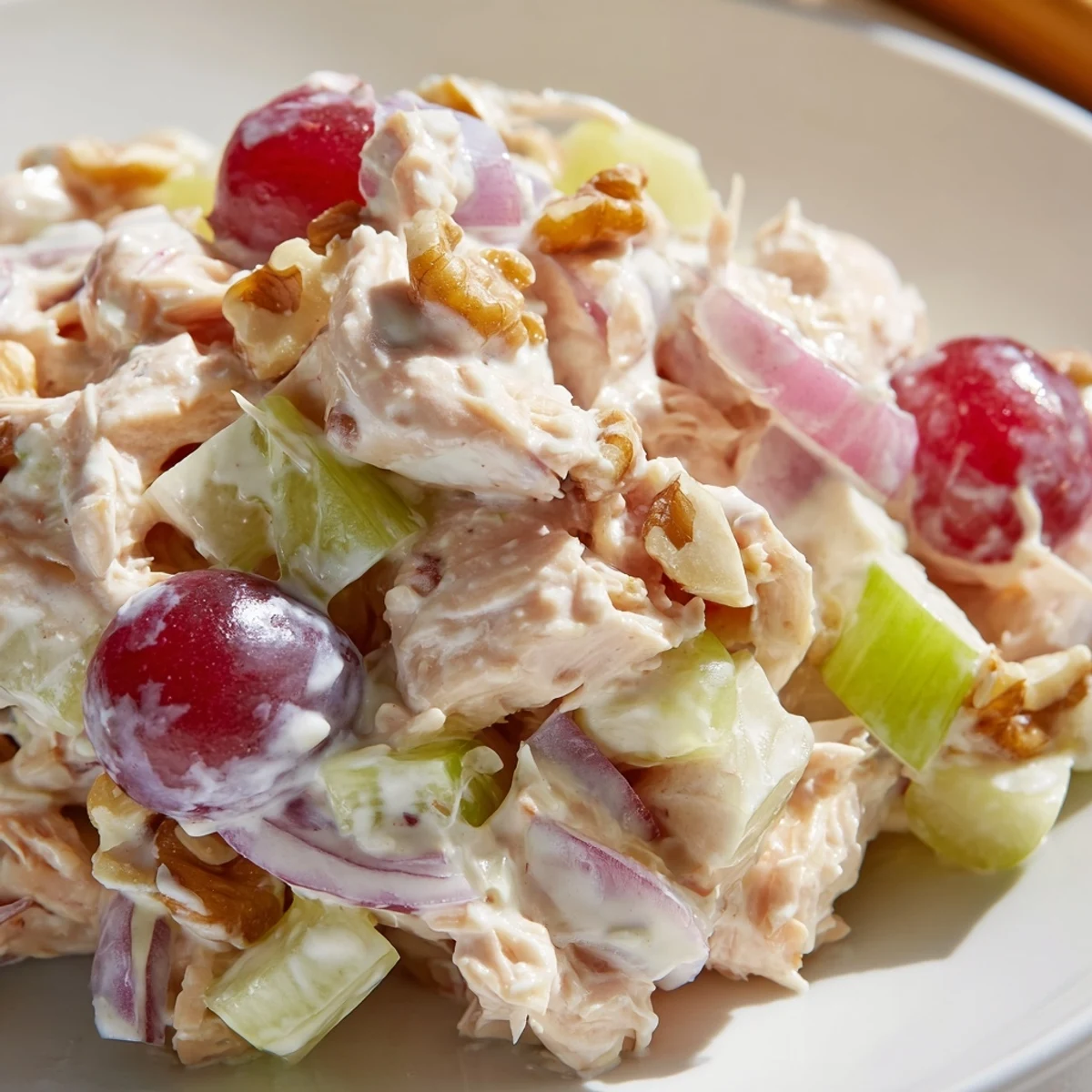 Creamy yogurt chicken salad plated on vibrant bed of salad greens with crunchy red onion, pecans, and halved grapes