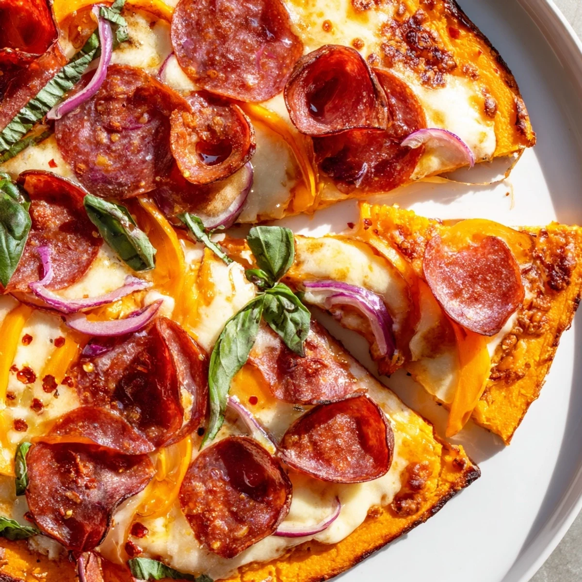 Gluten-free sweet potato crust pizza topped with melty cheese and crispy pepperoni slices