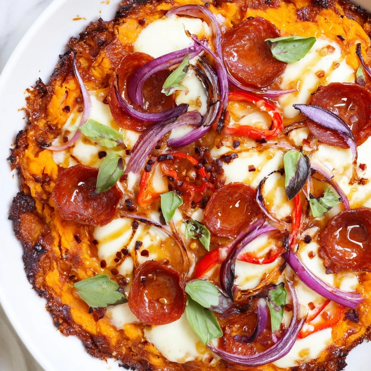 Golden pepperoni hot honey pizza with sweet potato crust drizzled in spicy glaze