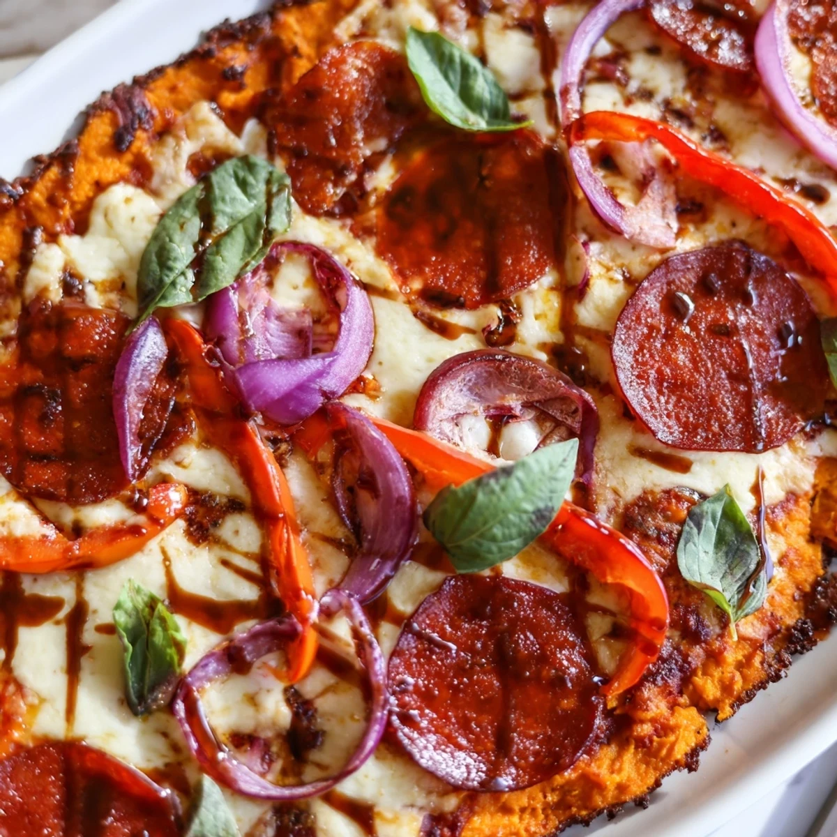 Sizzling pepperoni hot honey pizza featuring bubbly cheese on a nutrient-dense sweet potato base