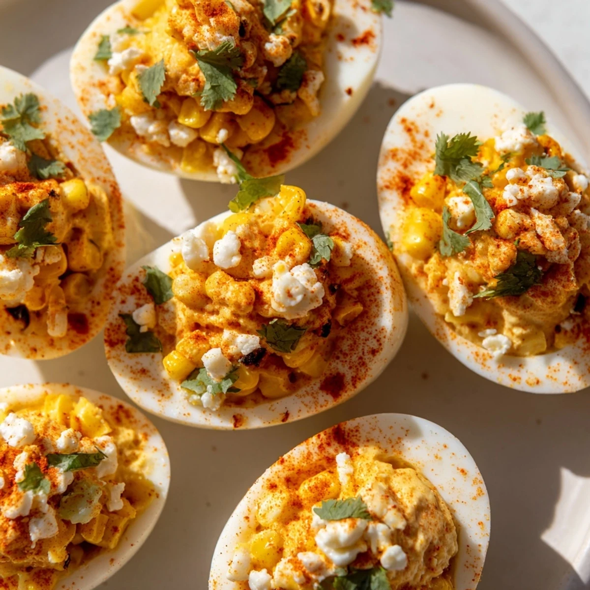 Golden deviled eggs topped with charred corn, crumbled cotija cheese, and fresh cilantro