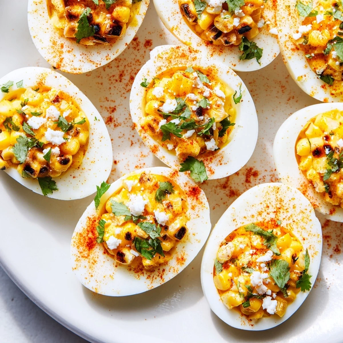 Creamy Mexican street corn deviled eggs sprinkled with chili powder and lime zest