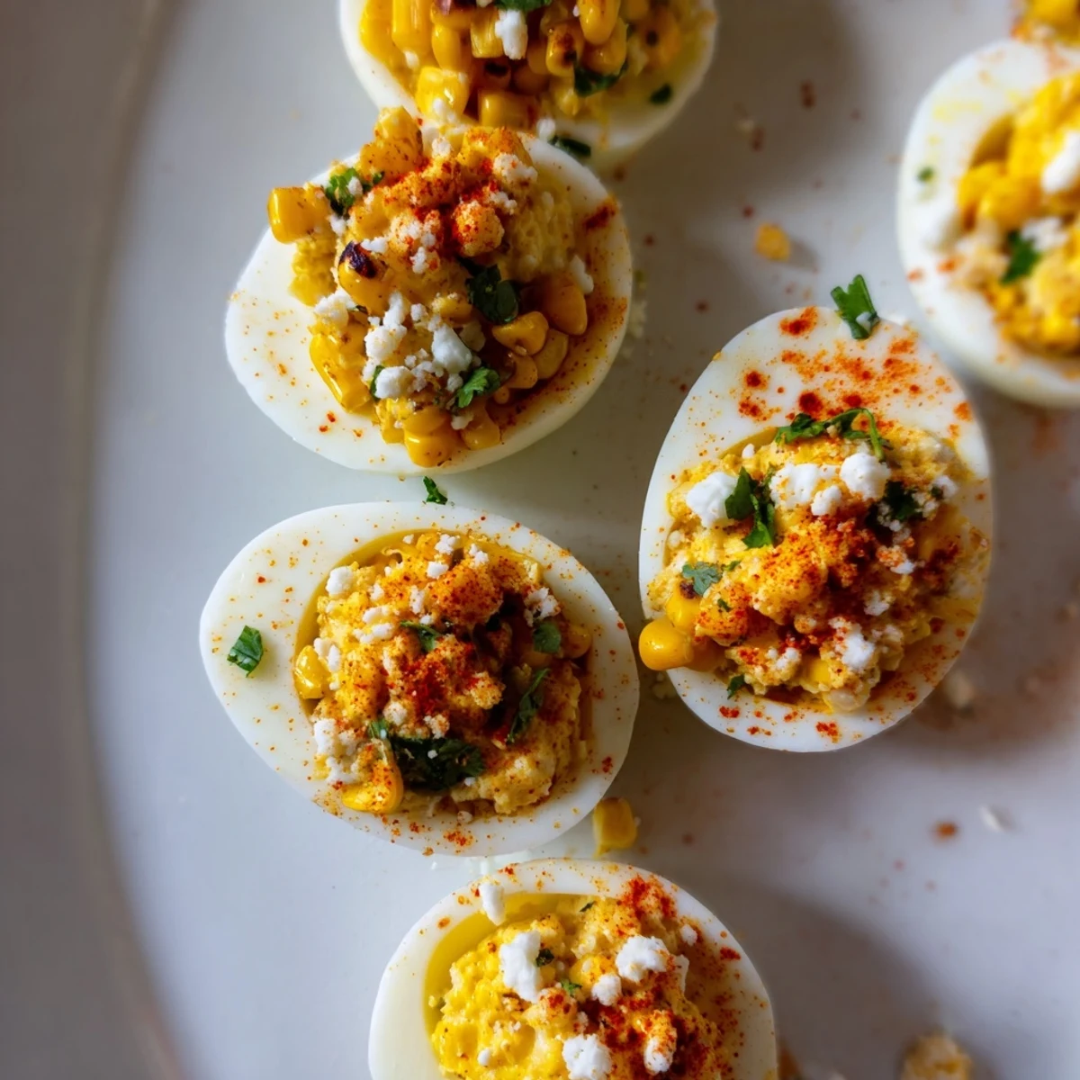 Zesty deviled eggs filled with smoky corn mixture and garnished with cotija and cilantro