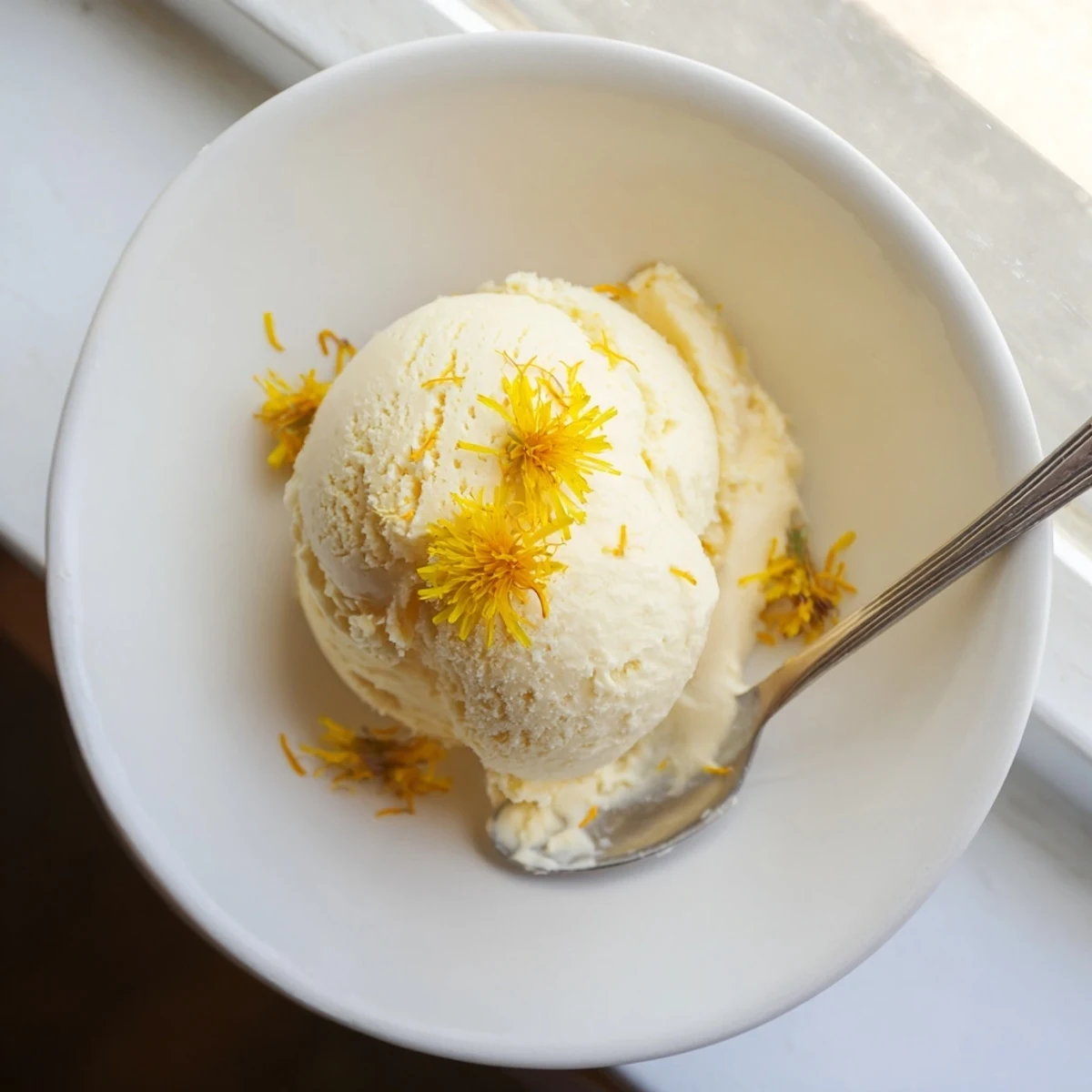 Creamy dandelion honey ice cream with golden honey swirls in a white serving bowl