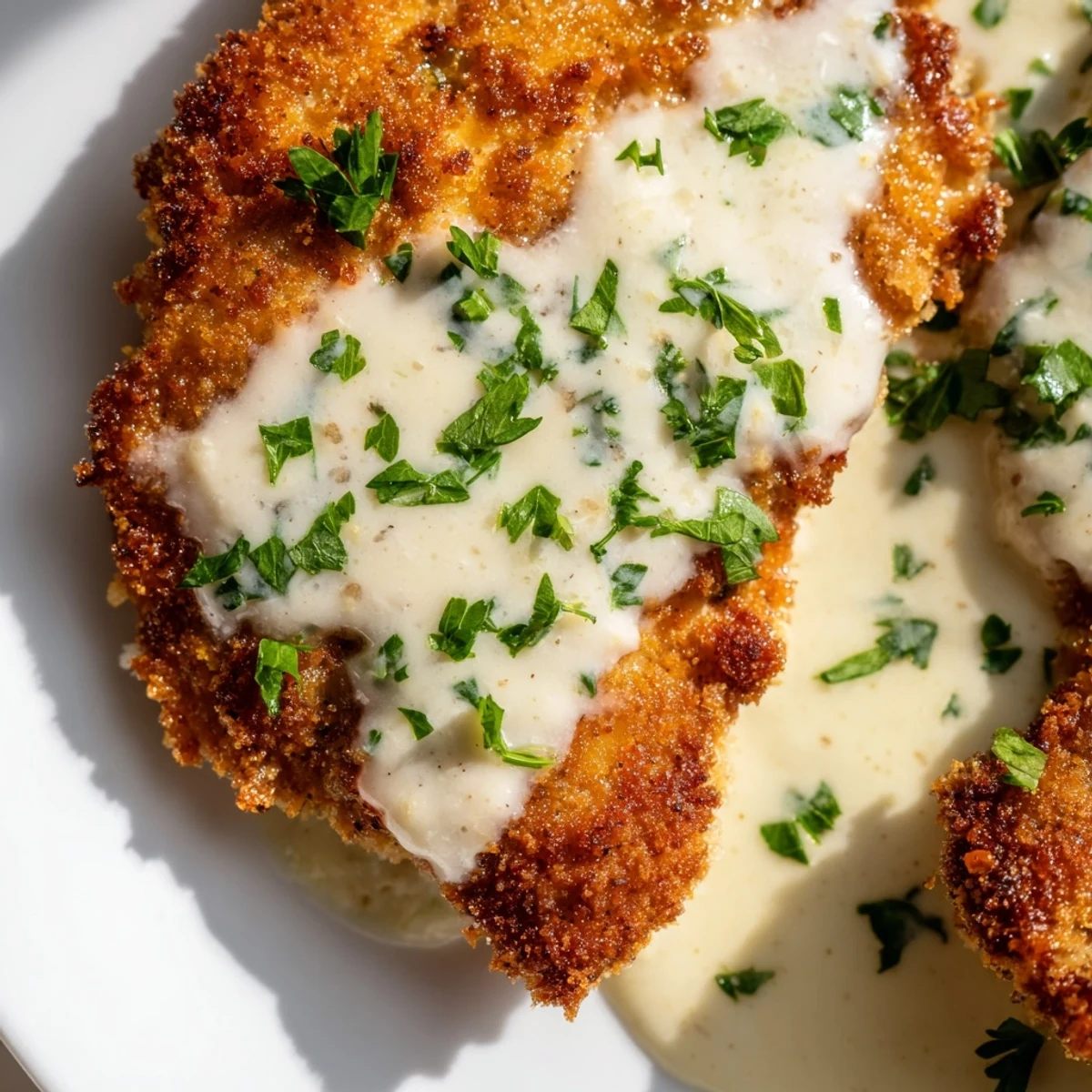 Pan-fried chicken with crunchy panko topping served alongside smooth garlic cream sauce garnished with fresh parsley.