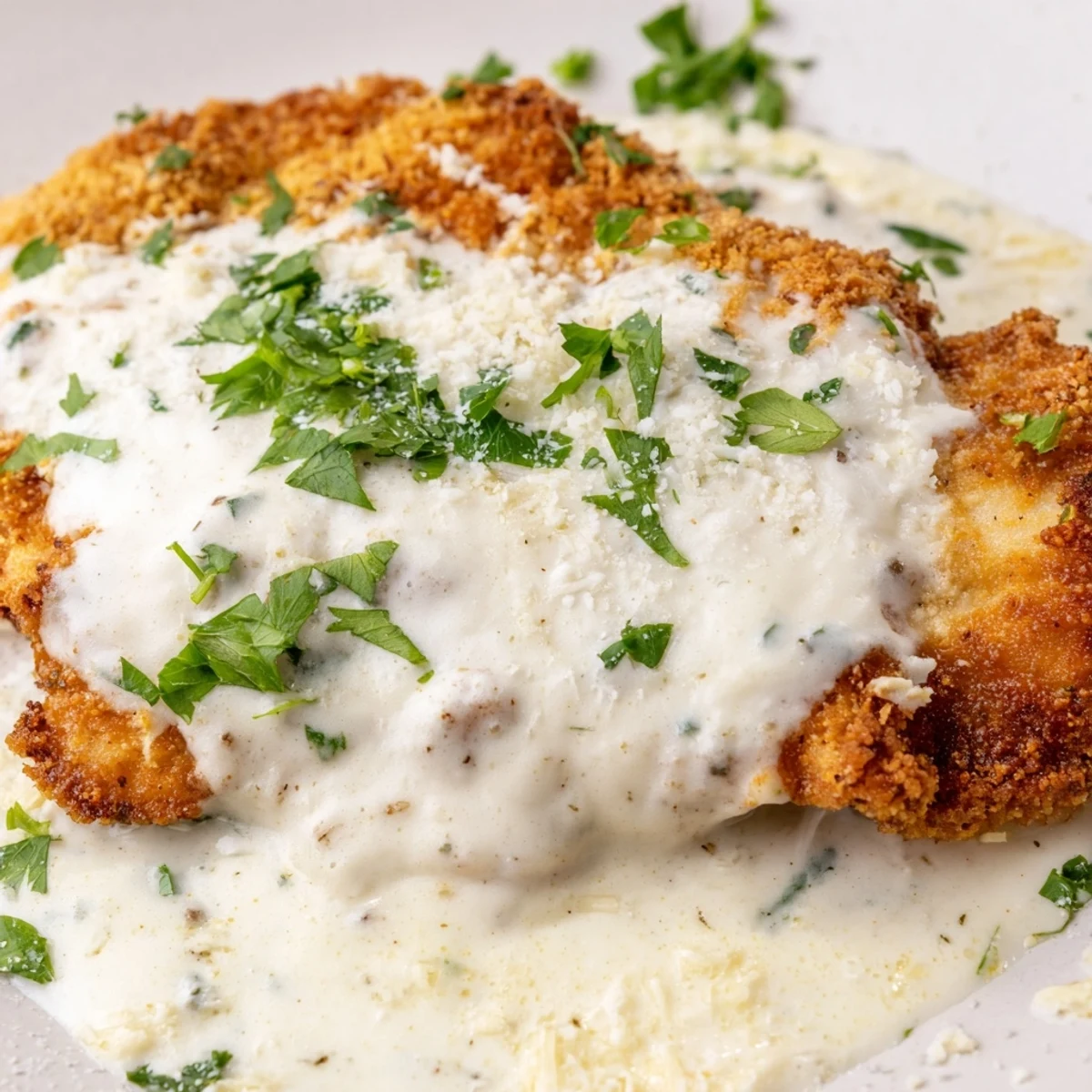 Golden crispy chicken breasts drizzled with rich velvety Parmesan cream sauce over a white plate.