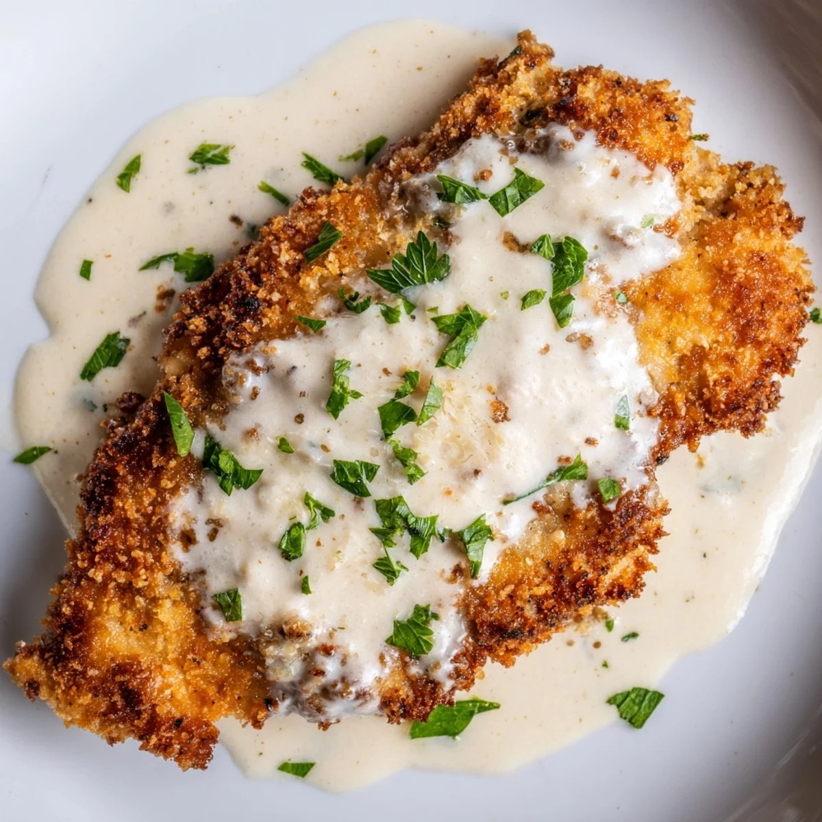 Perfectly fried crispy chicken pieces coated in golden breadcrumbs swimming in a luxurious white creamy sauce.