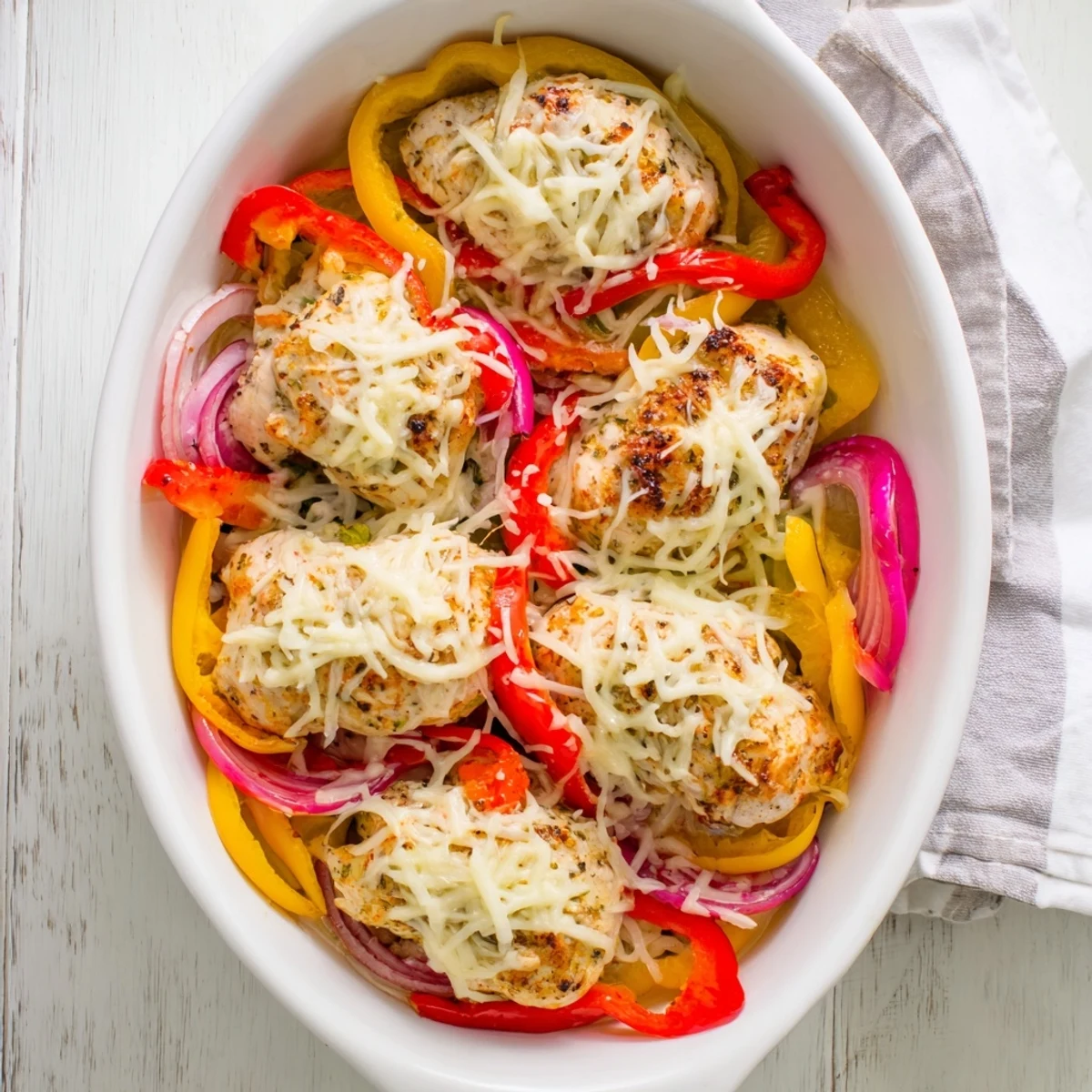 Golden bubbly mozzarella blankets tender cheesy baked chicken breast and peppers on a bed of colorful roasted vegetables