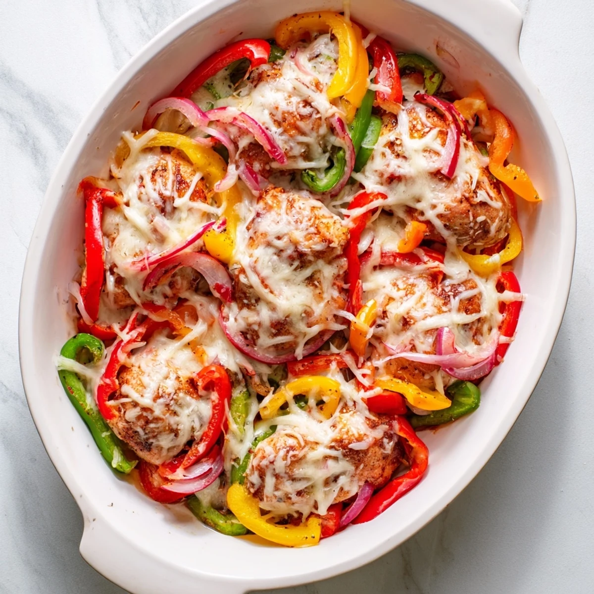 Melted Parmesan and mozzarella top juicy chicken breasts nestled alongside vibrant red yellow and green bell peppers