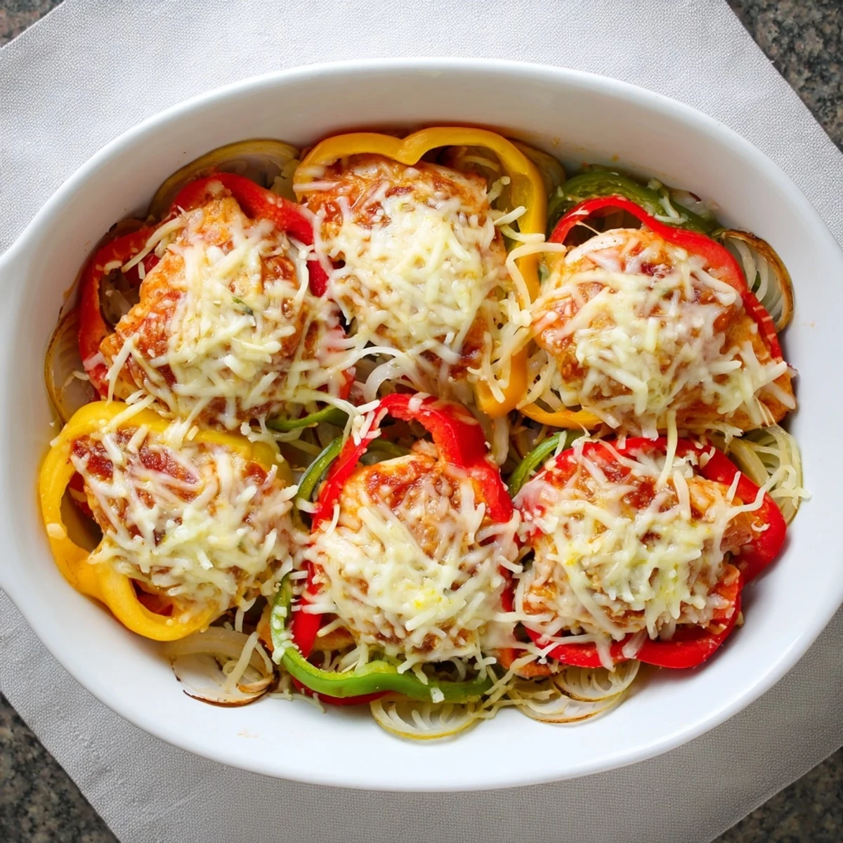 Comforting cheesy baked chicken breast and peppers casserole with roasted vegetables and perfectly melted golden cheese topping