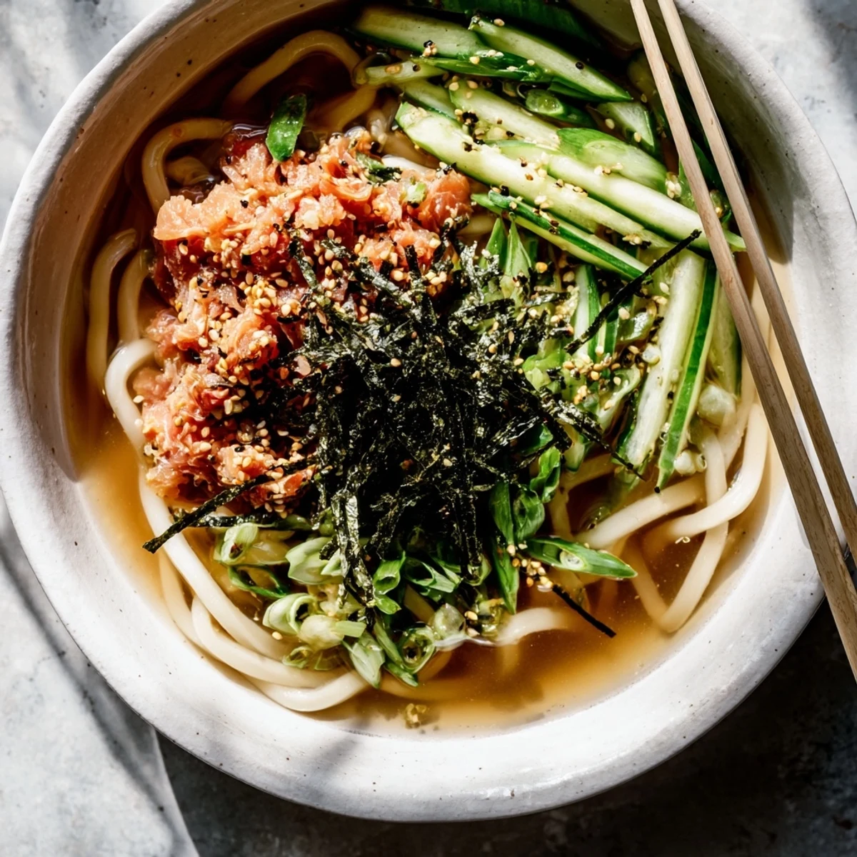 Japanese-style spicy tuna udon features marinated raw fish over thick chewy wheat noodles in savory broth