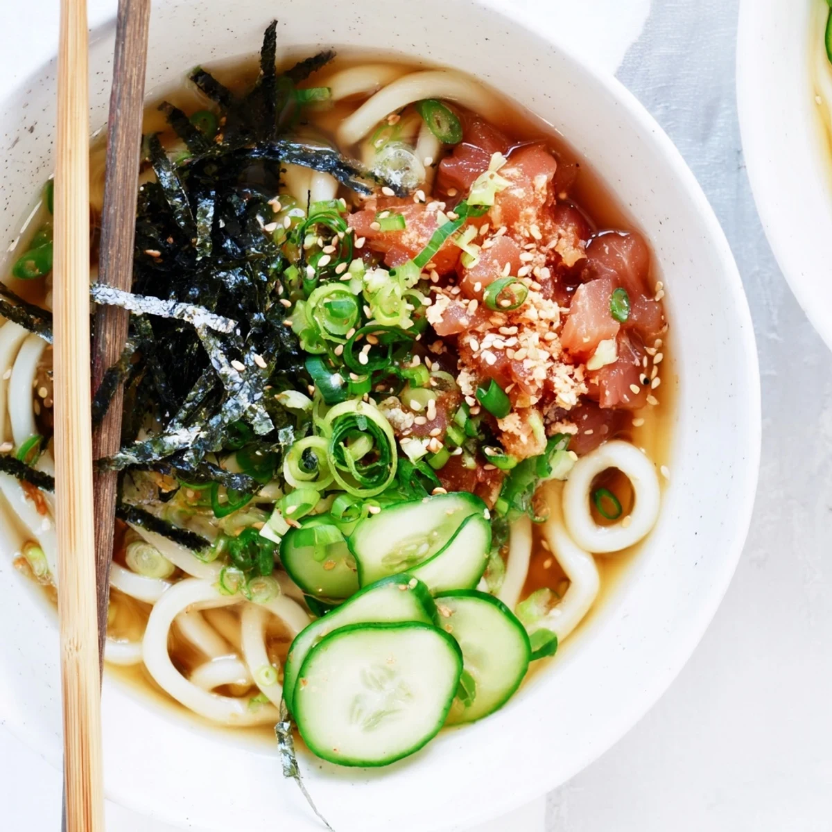 Steamy bowl of spicy tuna udon noodles topped with fresh green onions and sesame seeds