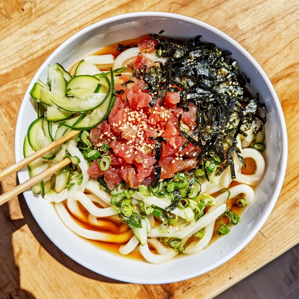 Vibrant spicy tuna udon bowl with cucumber, nori seaweed, and tender marinated tuna chunks