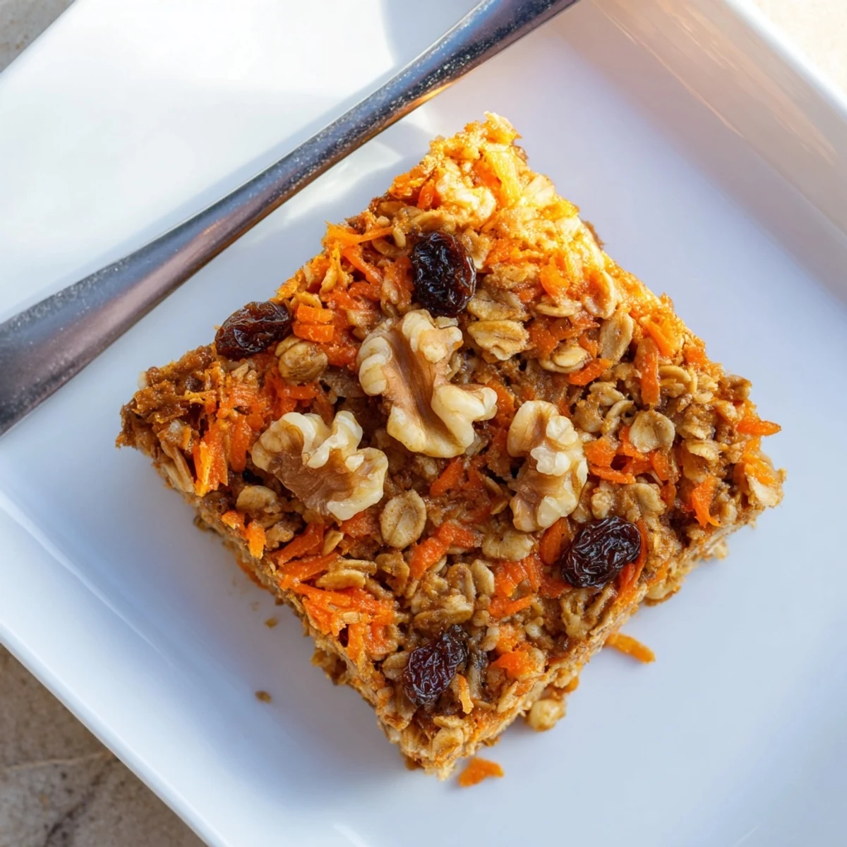 Golden carrot cake baked oatmeal topped with walnuts and raisins in a square baking dish