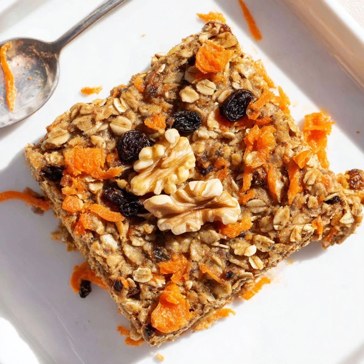 Warm spiced carrot cake baked oatmeal slices served with creamy yogurt for a wholesome breakfast