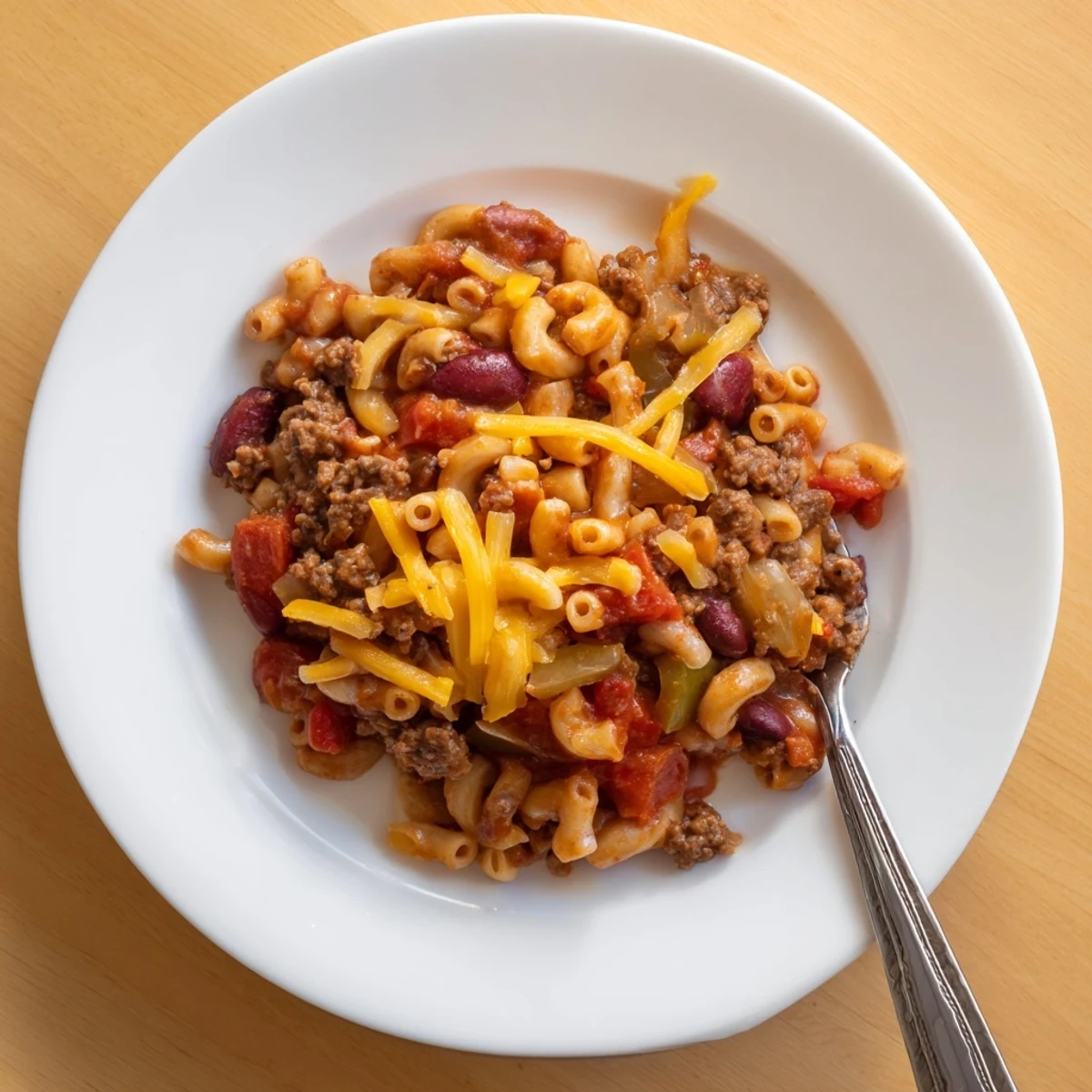Golden chili mac and cheese recipe bubbling with melted cheddar over tender macaroni
