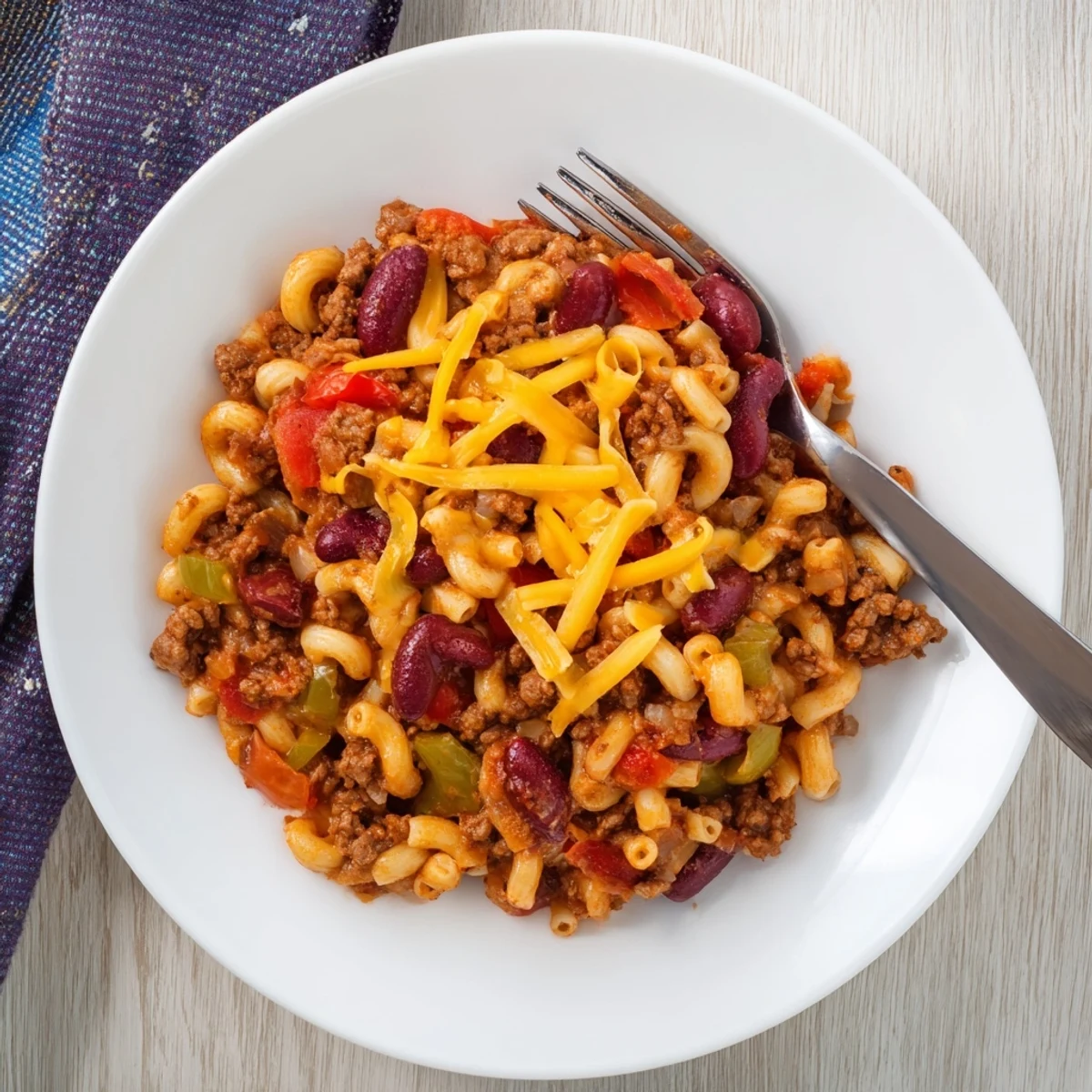 Hearty bowl of chili mac and cheese recipe topped with extra shredded cheese