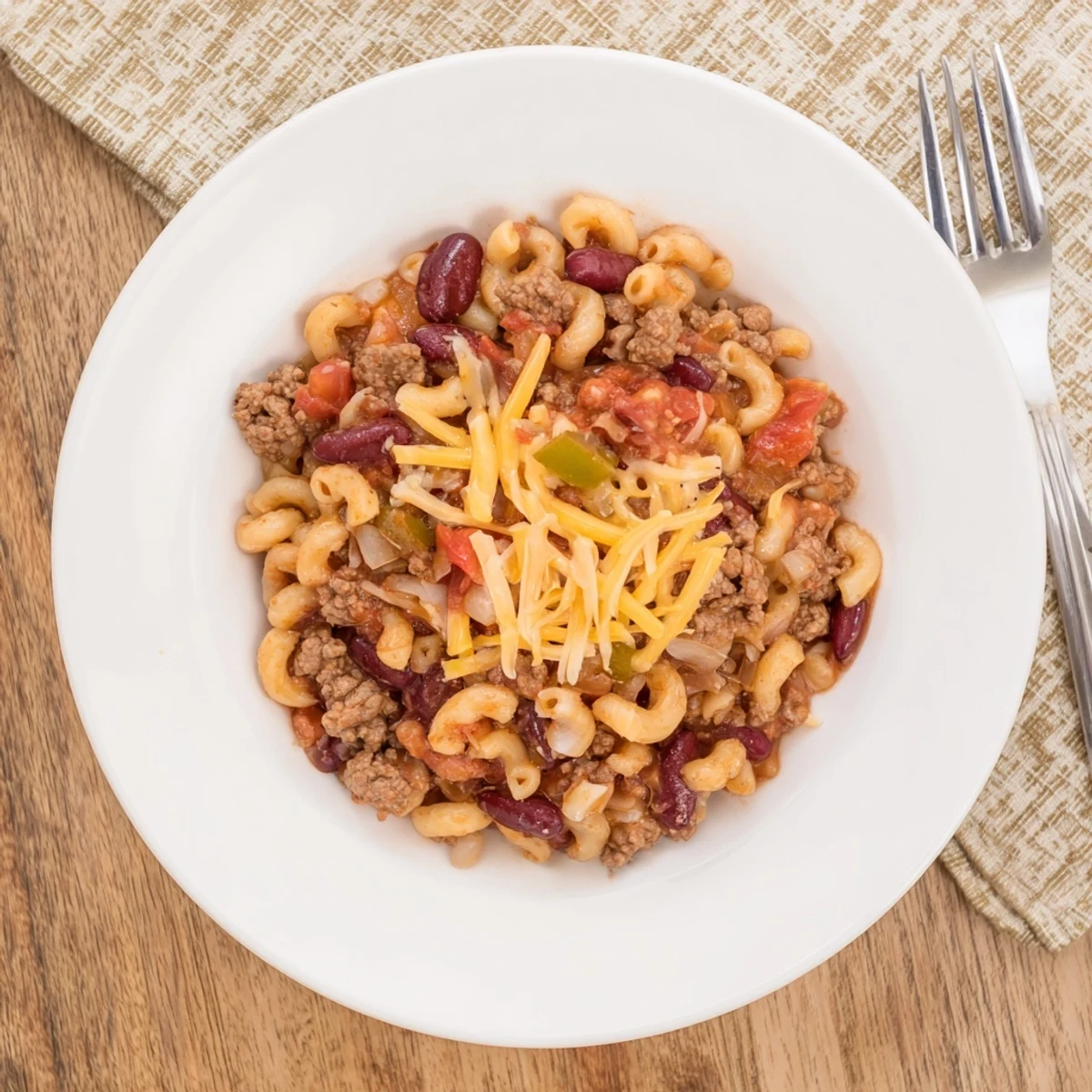 Creamy chili mac and cheese recipe featuring ground beef and beans in one pot