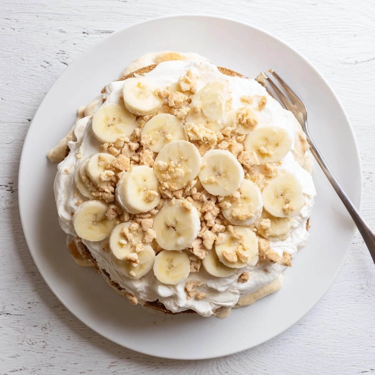 Golden slice of banana pudding cake revealing creamy pudding filling between moist cake layers topped with fresh banana slices and crushed vanilla wafers